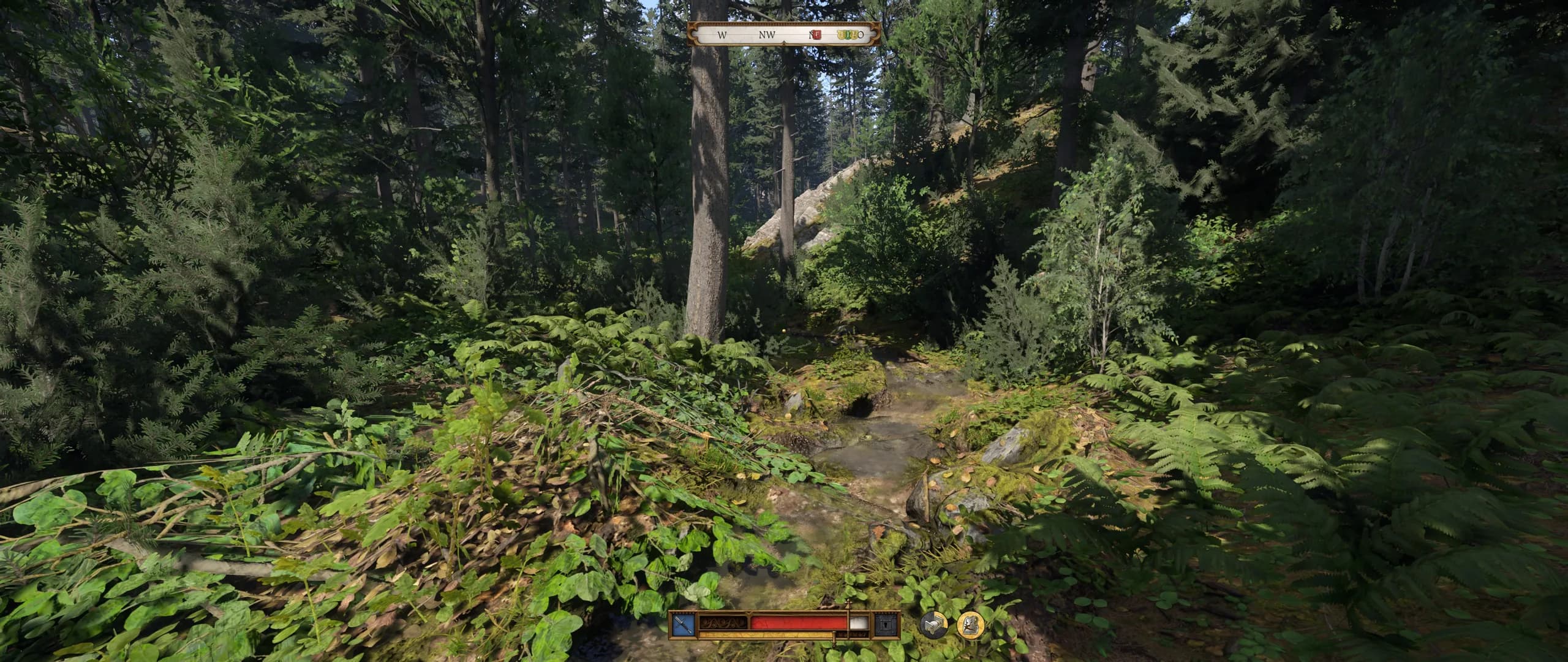 Kingdom Come: Deliverance, a forest stream, with Backseat's chat over it.