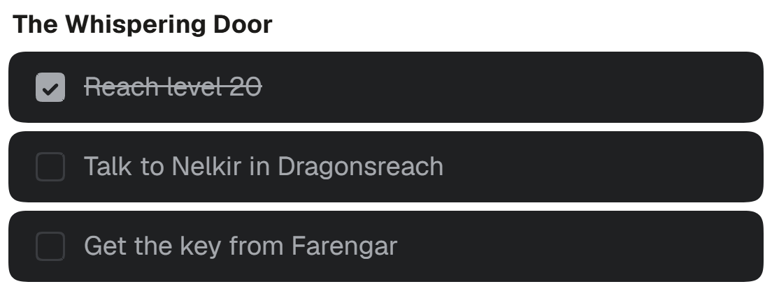 A checklist titled The Whispering Door, with its first step ticked.