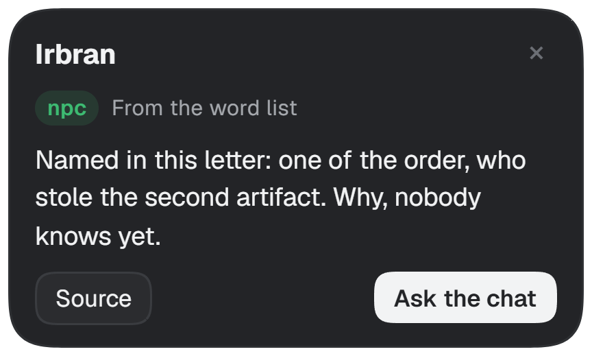 A popover explaining Irbran, a name clicked in a letter on screen.